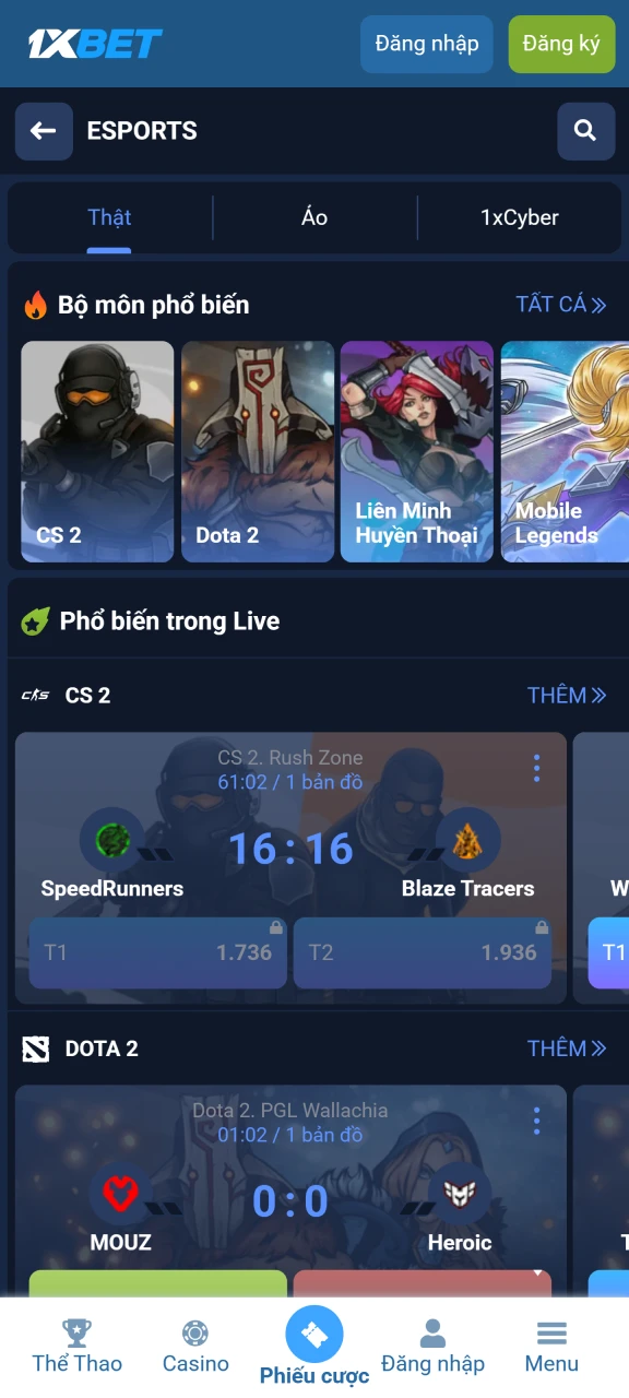 Đặt cược mọi tựa game esport trong ứng dụng chính thức 1xbet.