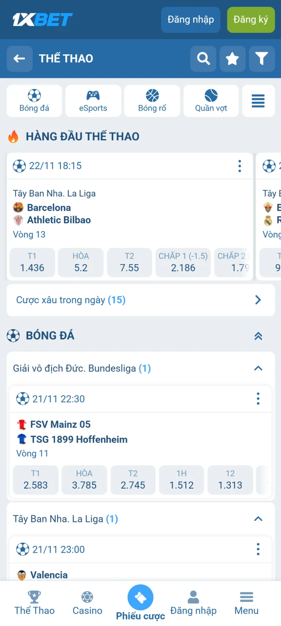 Ứng dụng 1xbet cung cấp đa dạng các môn thể thao để đặt cược.