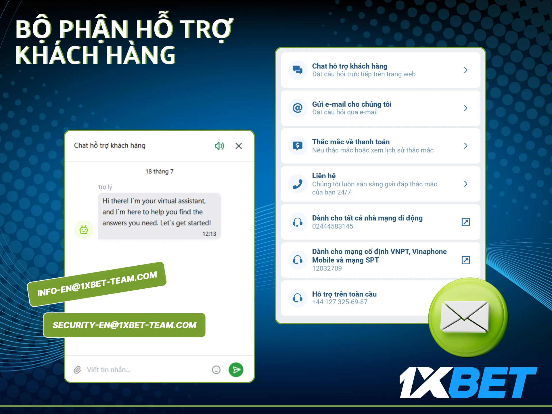 Hỗ trợ qua trò chuyện trực tiếp và email của 1xBet luôn sẵn sàng mọi lúc.